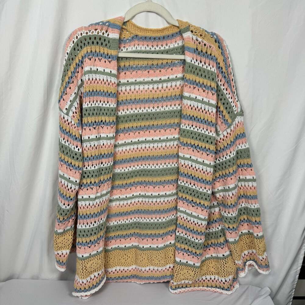 BloomChic Striped Contrast Pointelle Knit Open Front Cardigan, Size XL